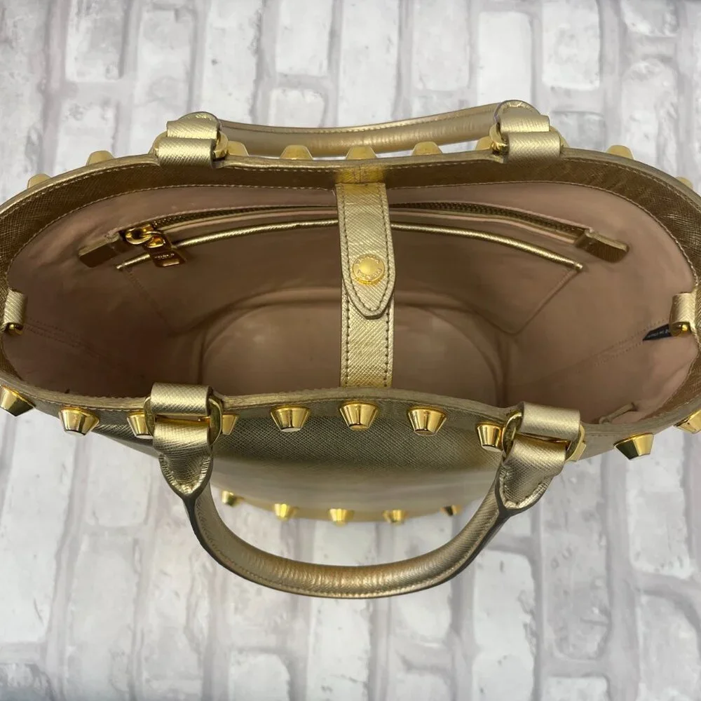 Prada Metallic Gold Saffiano Leather Vernice Studded Bucket Bag - Preowned